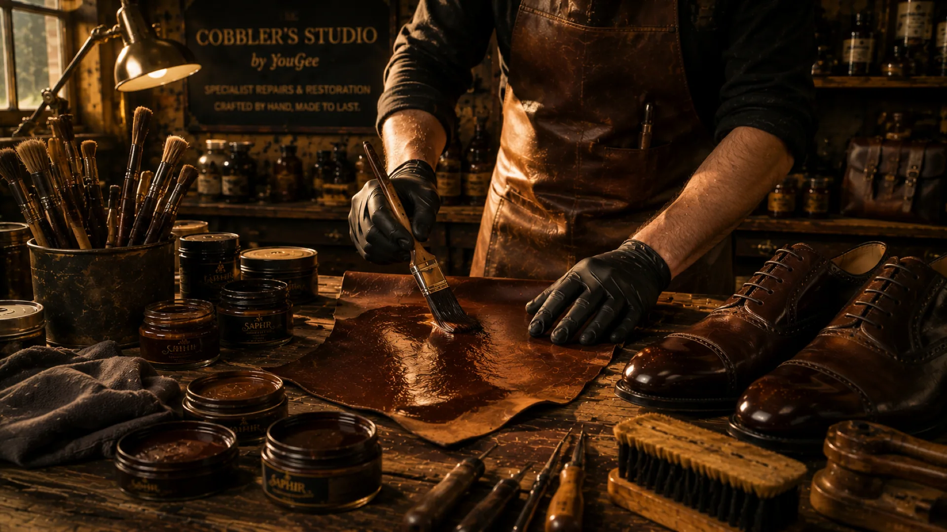 Master cobbler at work restoring leather in the Banstead workshop